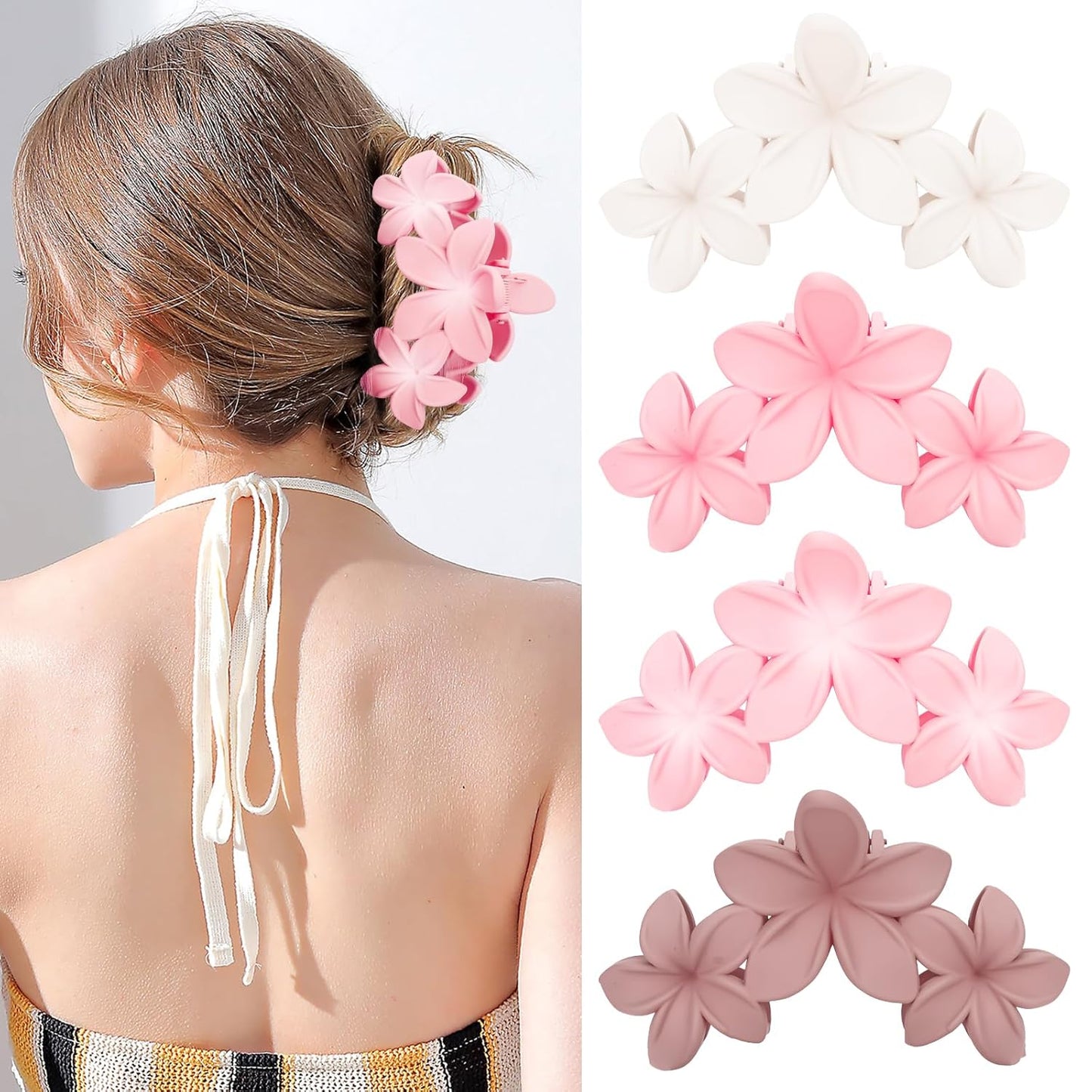 4PCS Hawaiian Plumeria Flower Hair Clips - Large Non-Slip Matte Claw Clips for Women, Strong Hold Beach Hair Accessories