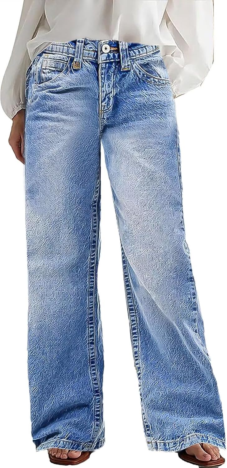 Wide Leg Jeans for Women Mid Waist Baggy Stitch Decor Denim Washed Pants without Belt