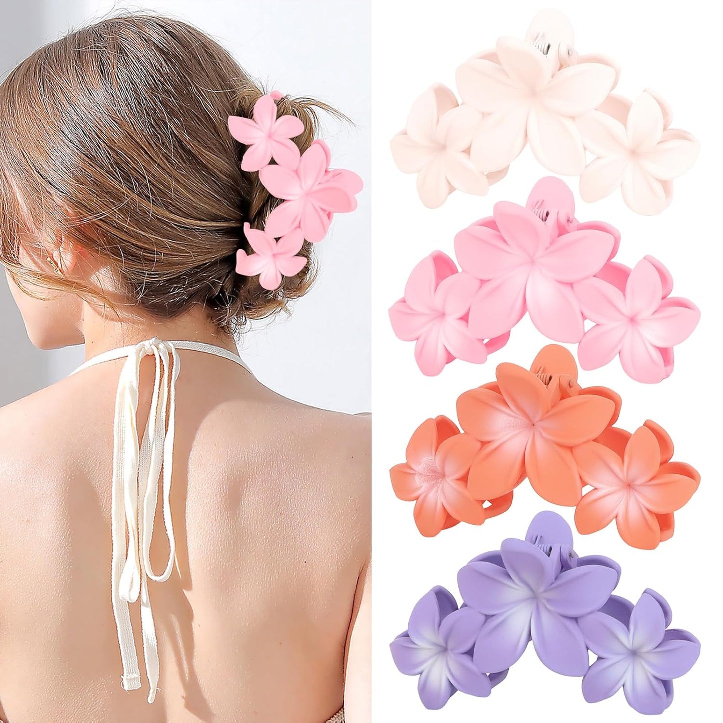 4PCS Hawaiian Plumeria Flower Hair Clips - Large Non-Slip Matte Claw Clips for Women, Strong Hold Beach Hair Accessories