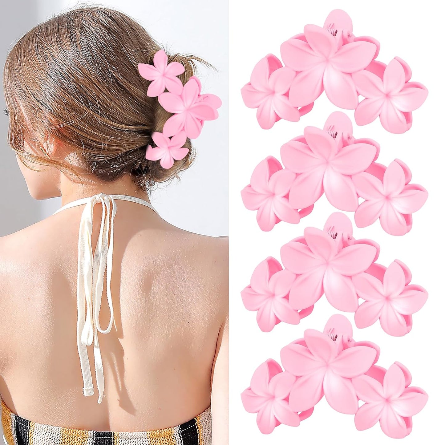 4PCS Hawaiian Plumeria Flower Hair Clips - Large Non-Slip Matte Claw Clips for Women, Strong Hold Beach Hair Accessories