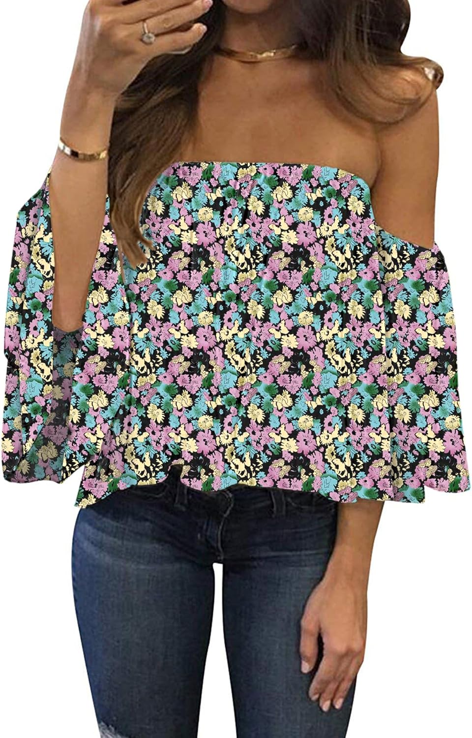 Women Summer off Shoulder Chiffon Blouse Ruffles Short Sleeves Tops Casual T Shirt