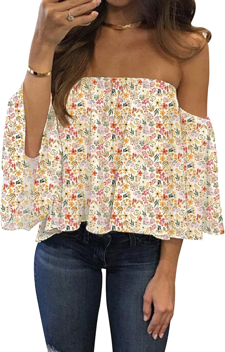 Women Summer off Shoulder Chiffon Blouse Ruffles Short Sleeves Tops Casual T Shirt