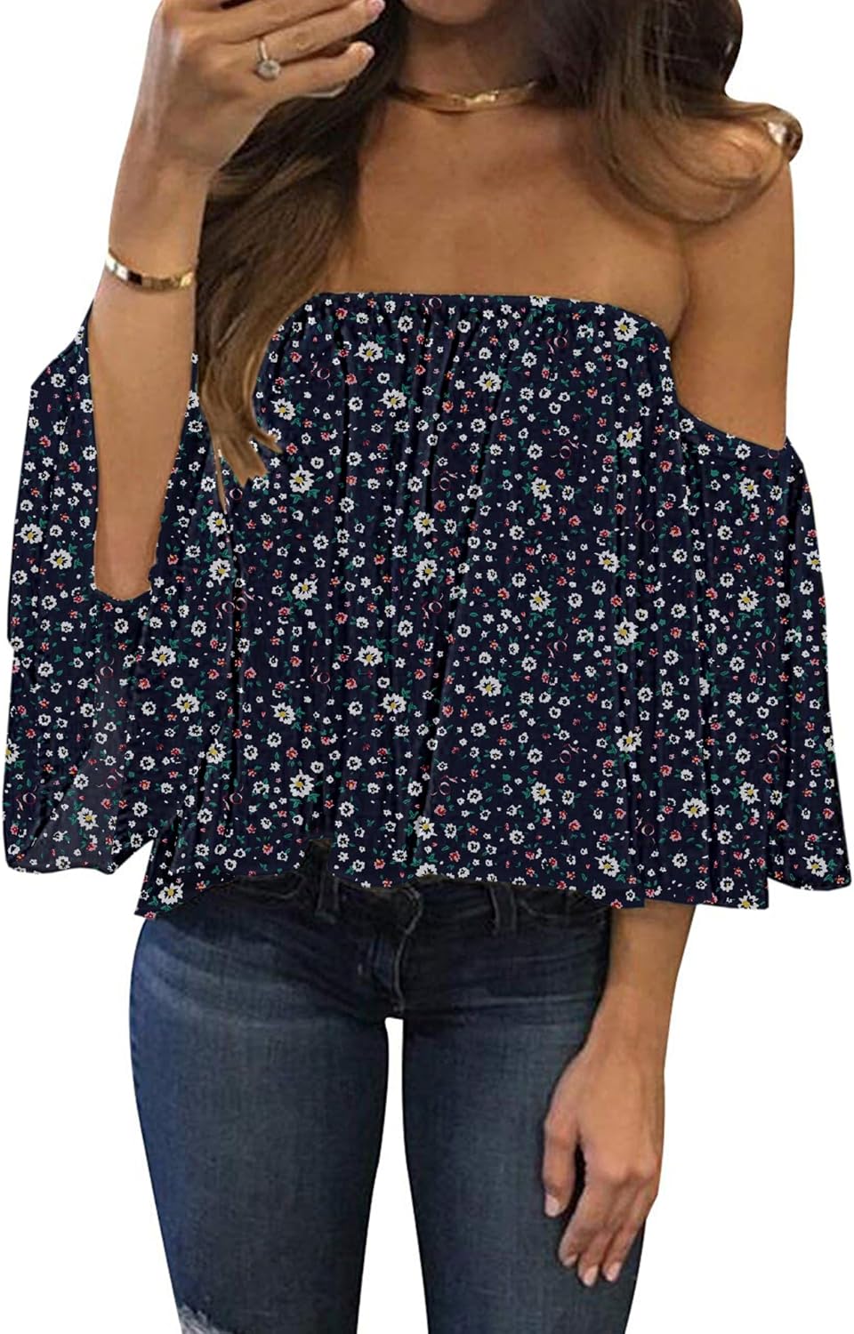 Women Summer off Shoulder Chiffon Blouse Ruffles Short Sleeves Tops Casual T Shirt