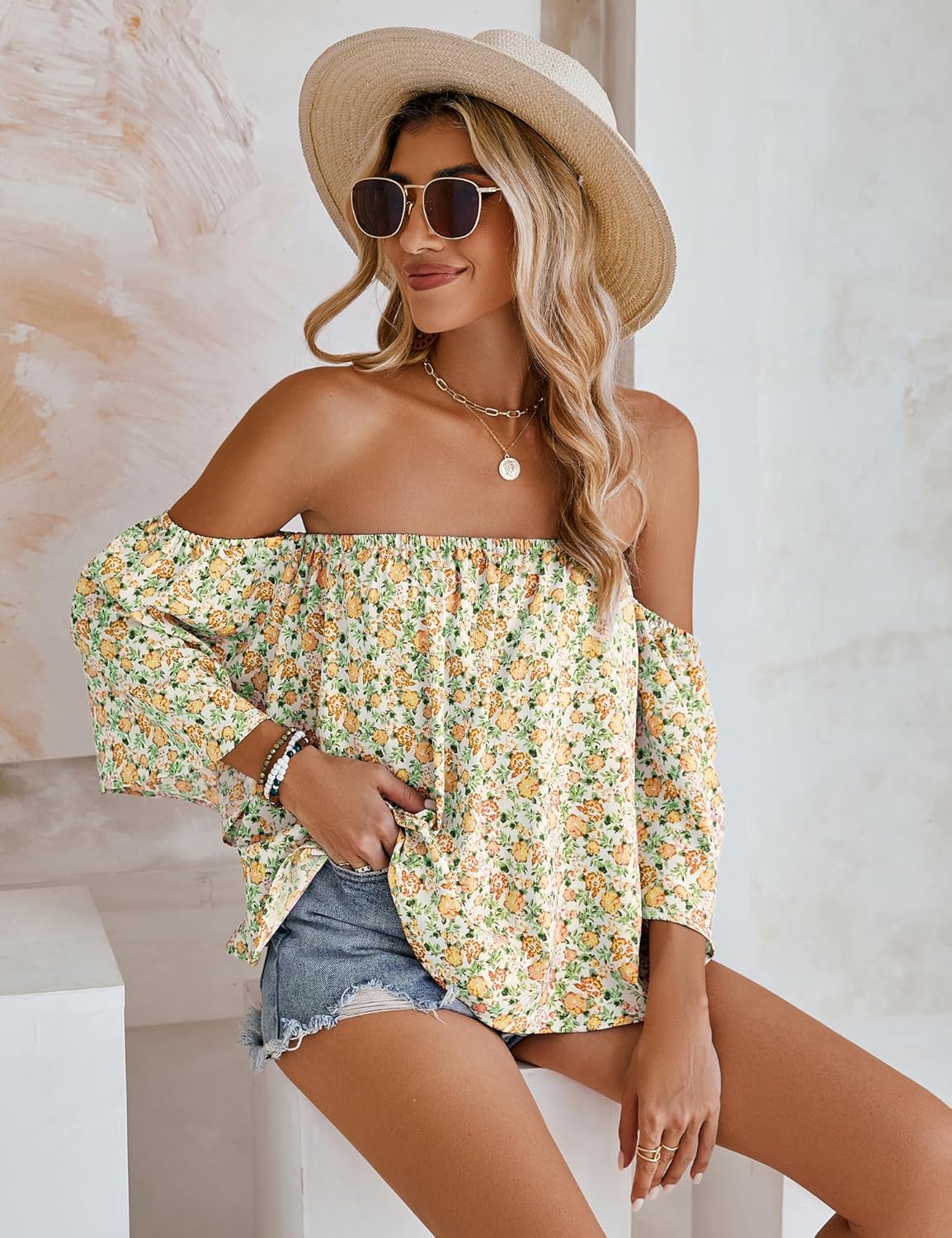 Women Summer off Shoulder Chiffon Blouse Ruffles Short Sleeves Tops Casual T Shirt