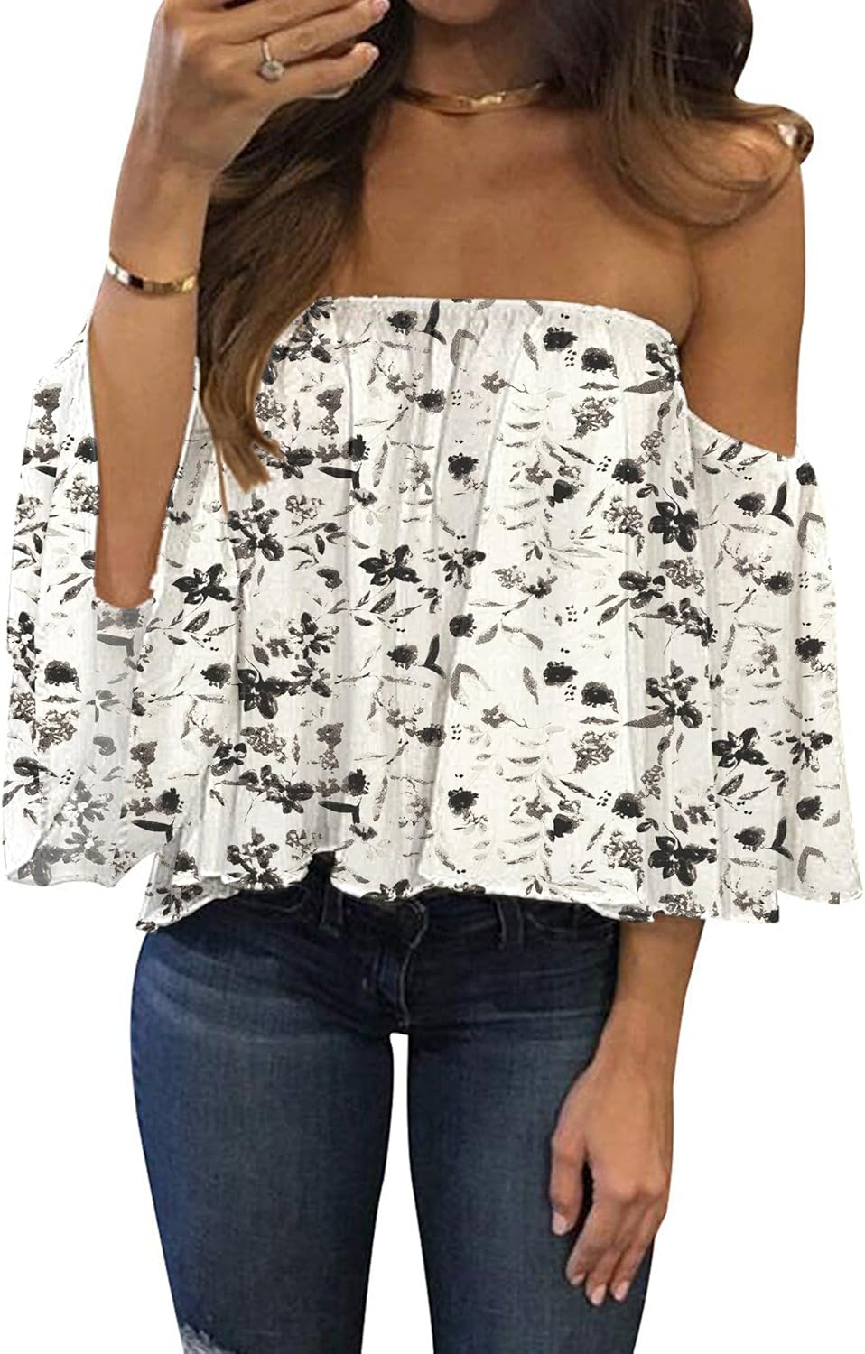 Women Summer off Shoulder Chiffon Blouse Ruffles Short Sleeves Tops Casual T Shirt