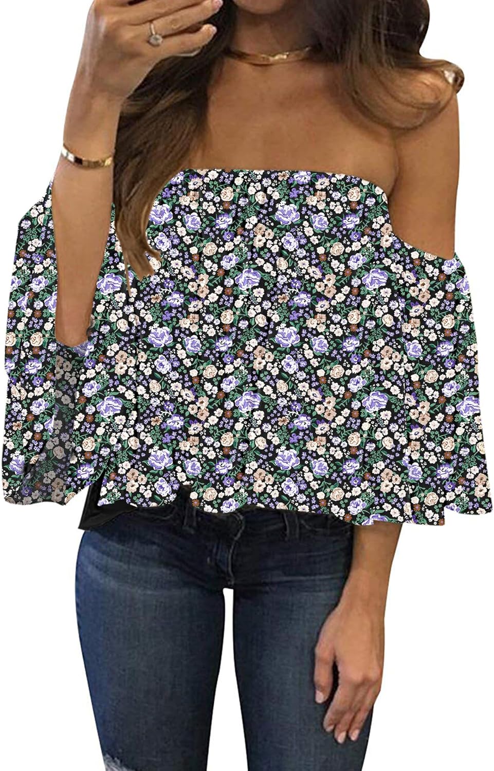 Women Summer off Shoulder Chiffon Blouse Ruffles Short Sleeves Tops Casual T Shirt