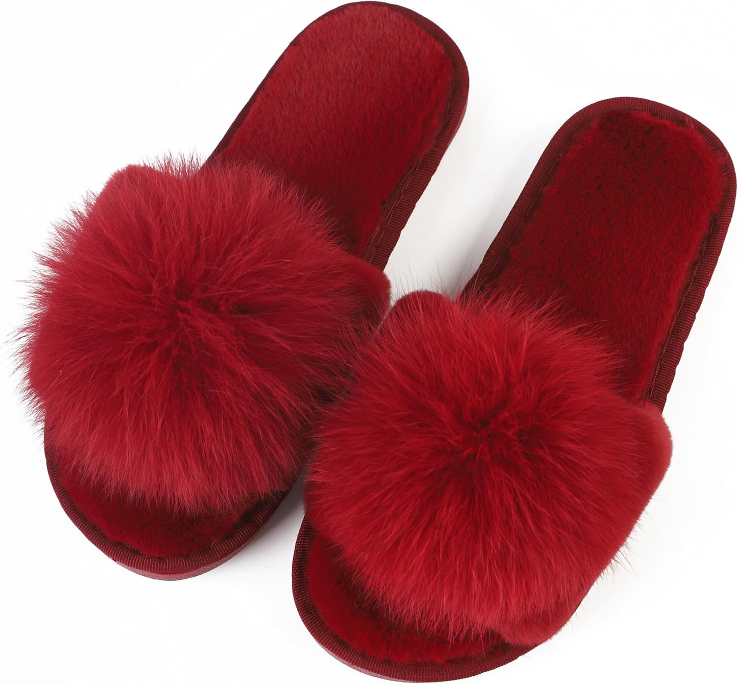 Women Slippers with Real Fox Fur Ball, Girl Furry Cozy Warm House Slipper, Open Toe Soft Flat Slide Sandals for Women Indoor Outdoor