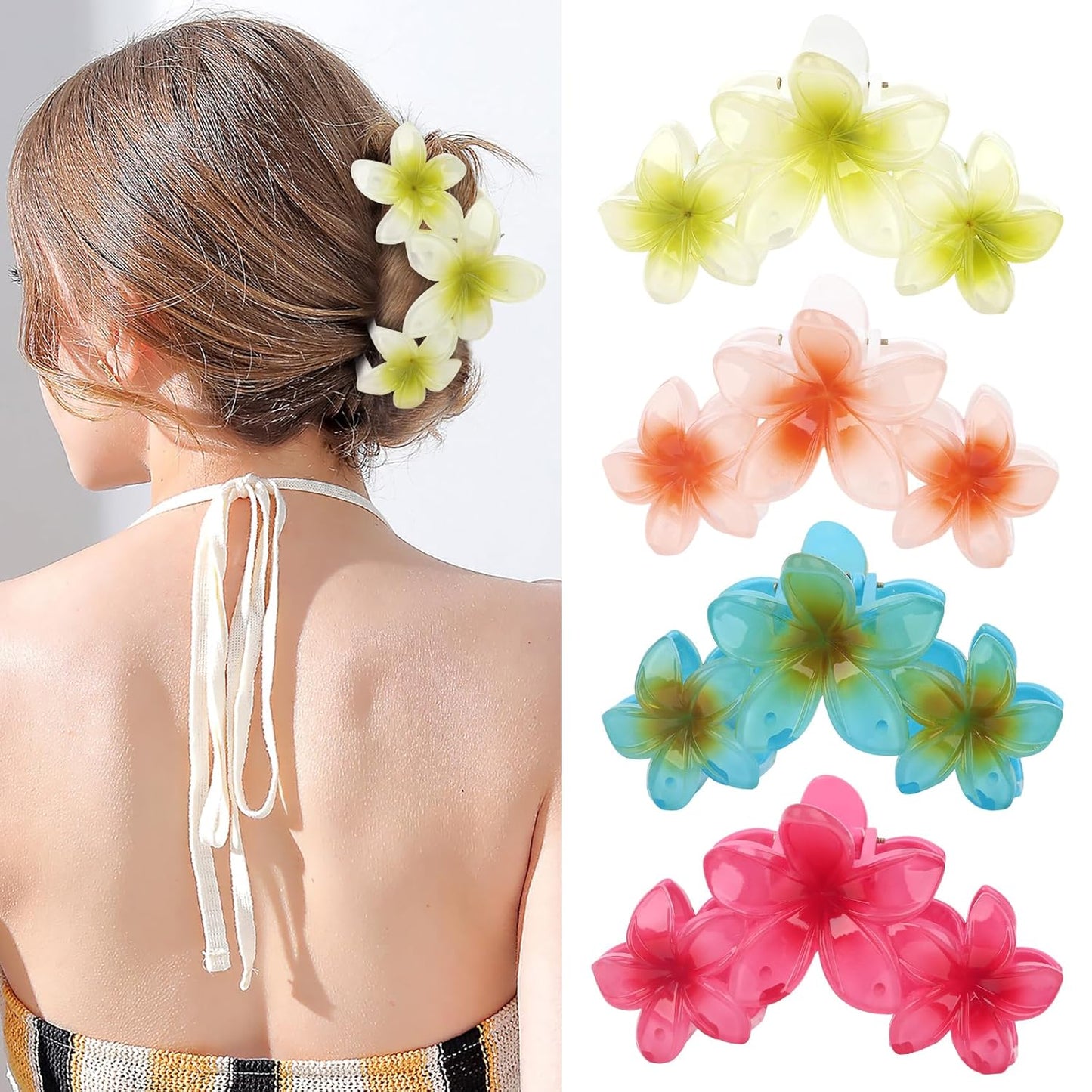 4PCS Hawaiian Plumeria Flower Hair Clips - Large Non-Slip Matte Claw Clips for Women, Strong Hold Beach Hair Accessories