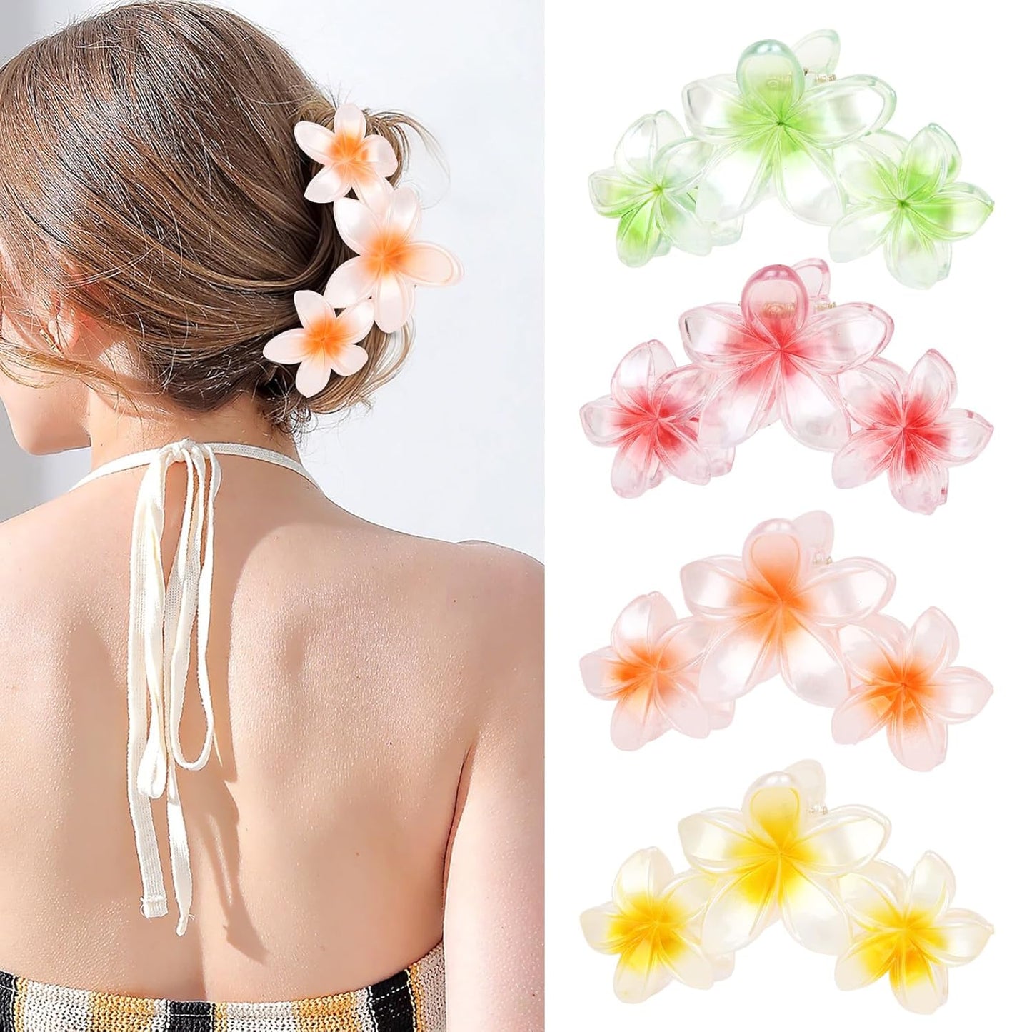 4PCS Hawaiian Plumeria Flower Hair Clips - Large Non-Slip Matte Claw Clips for Women, Strong Hold Beach Hair Accessories
