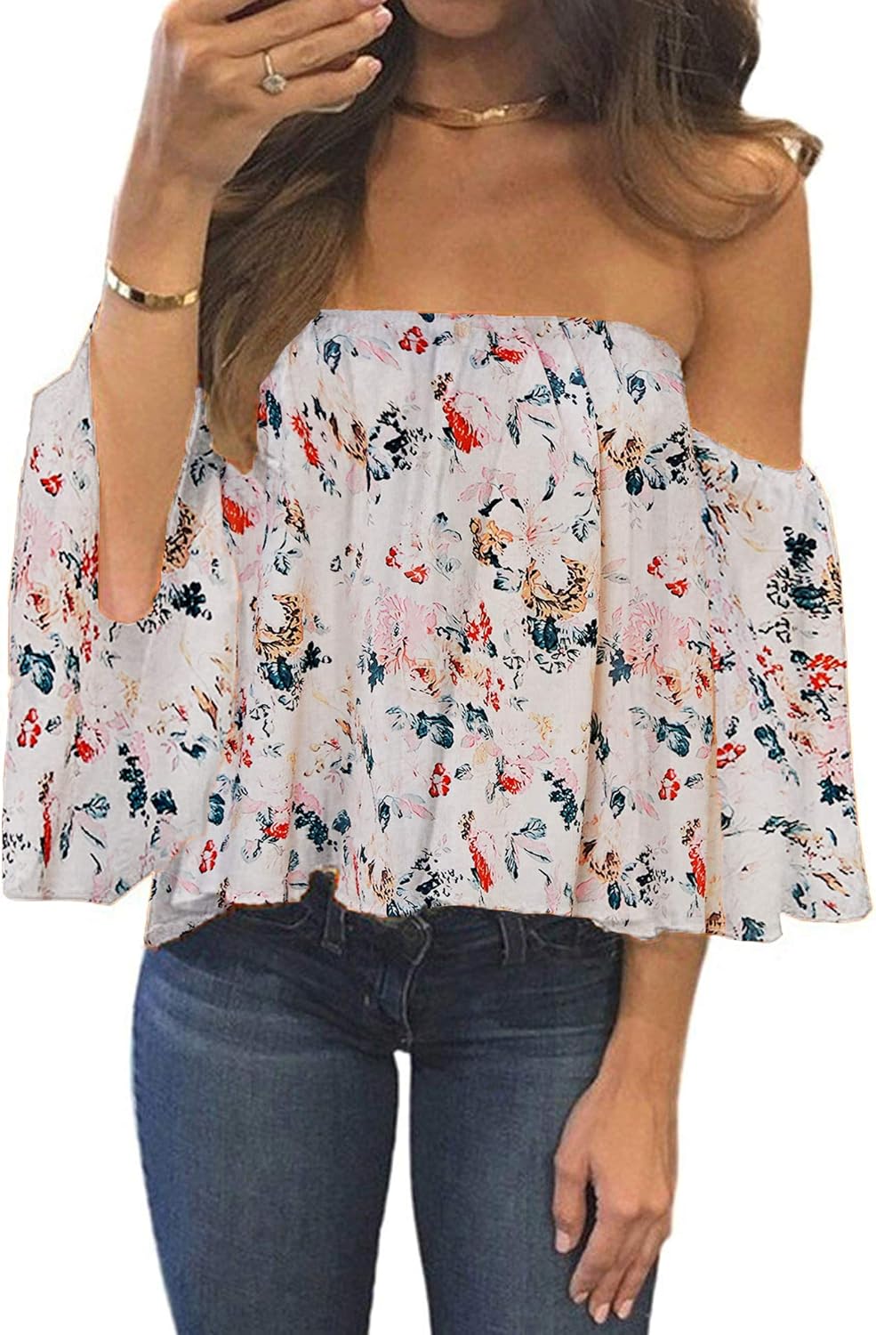Women Summer off Shoulder Chiffon Blouse Ruffles Short Sleeves Tops Casual T Shirt