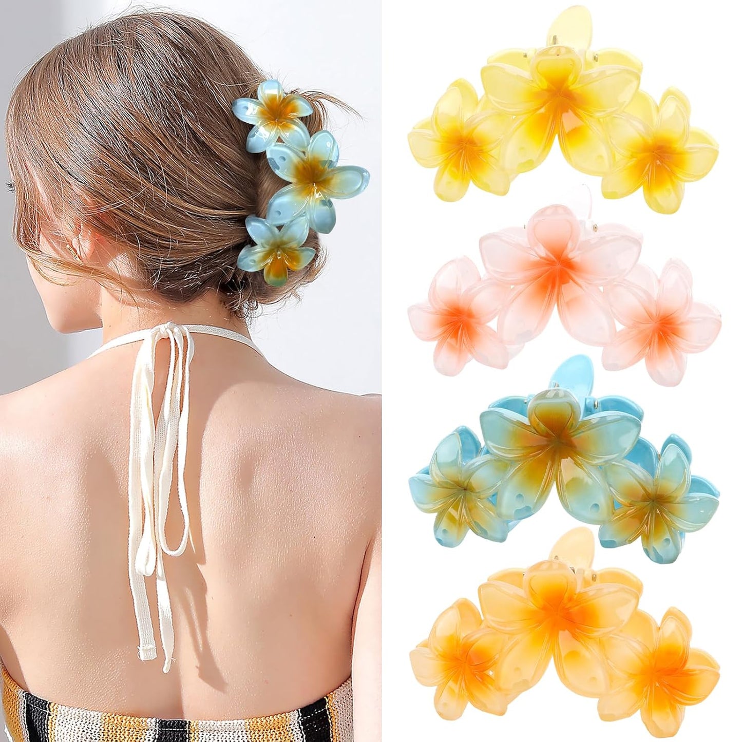 4PCS Hawaiian Plumeria Flower Hair Clips - Large Non-Slip Matte Claw Clips for Women, Strong Hold Beach Hair Accessories