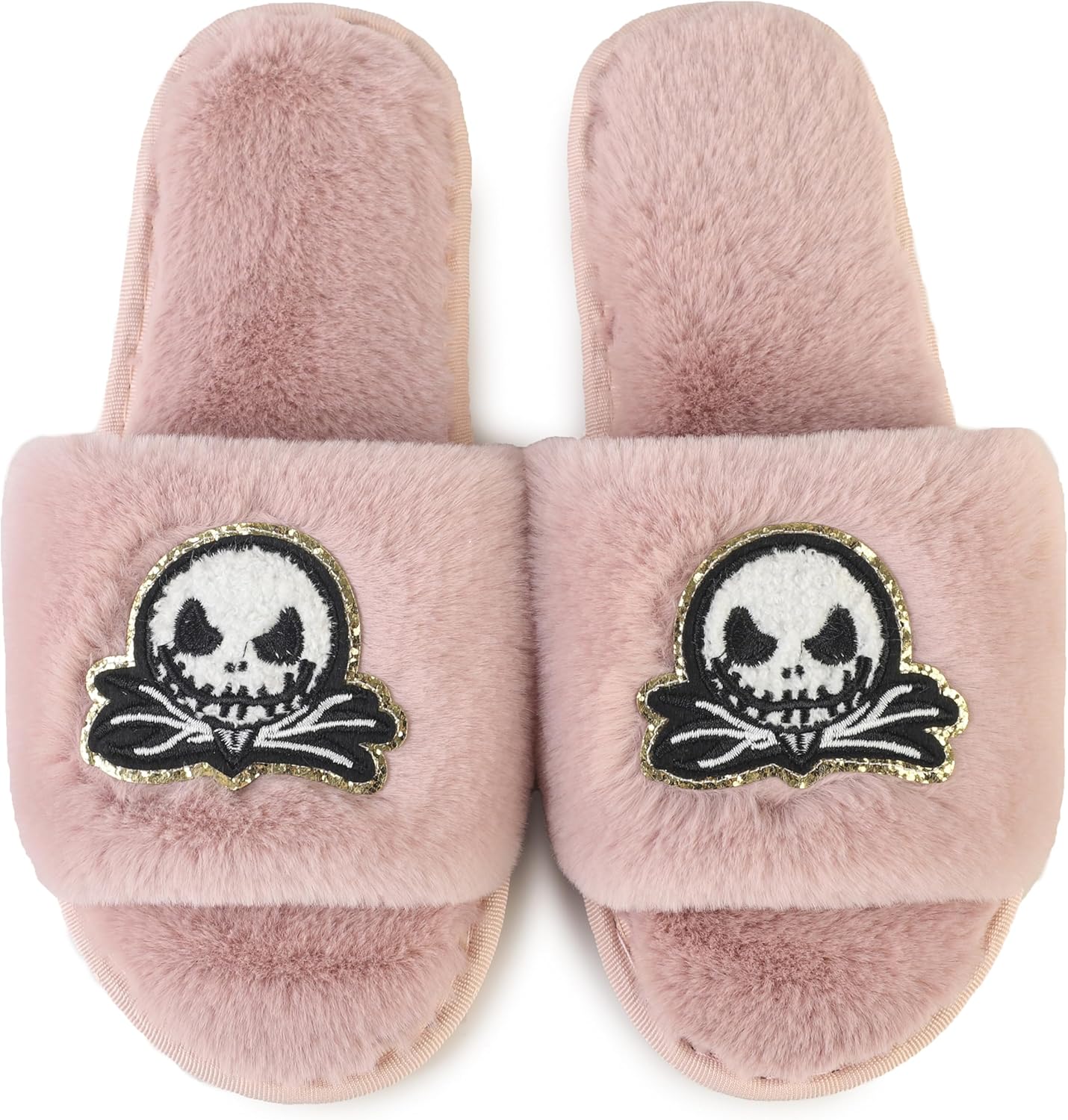 Women Slippers with Real Fox Fur Ball, Girl Furry Cozy Warm House Slipper, Open Toe Soft Flat Slide Sandals for Women Indoor Outdoor