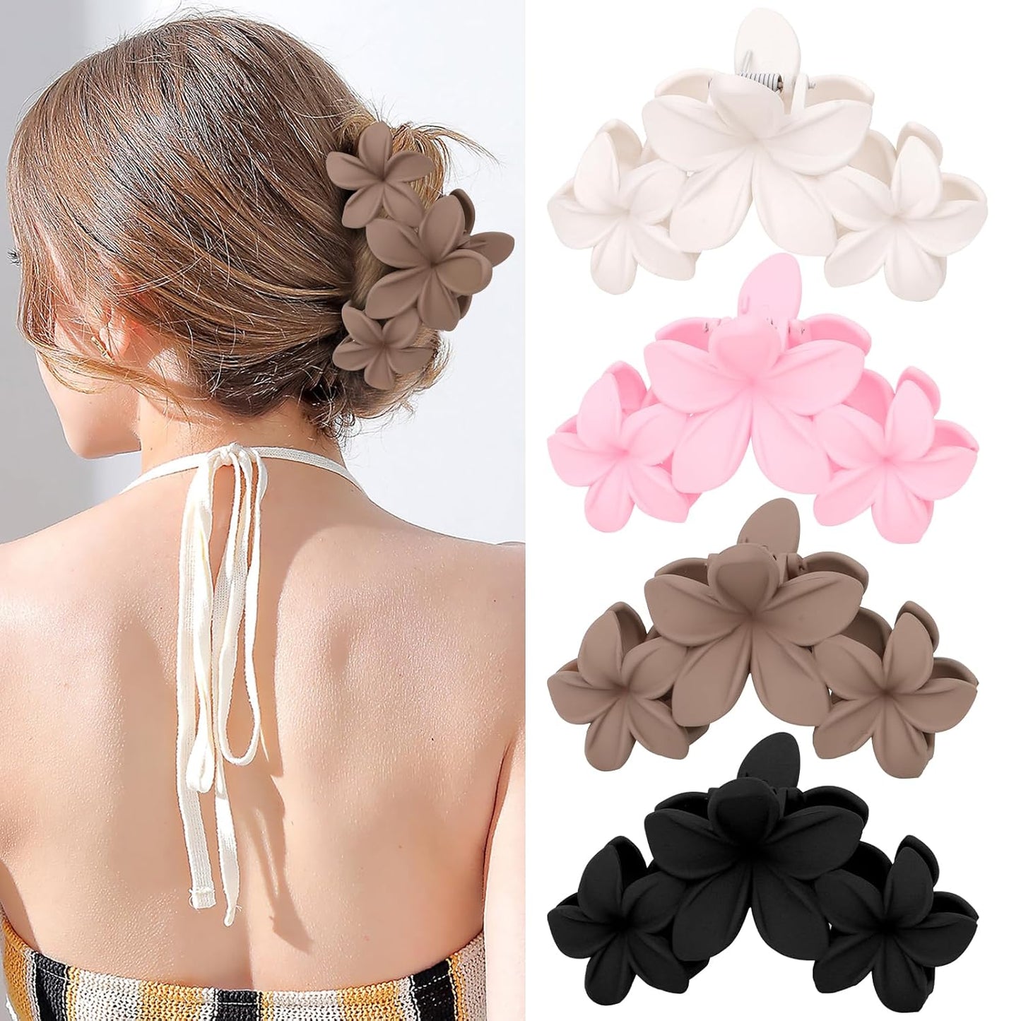 4PCS Hawaiian Plumeria Flower Hair Clips - Large Non-Slip Matte Claw Clips for Women, Strong Hold Beach Hair Accessories