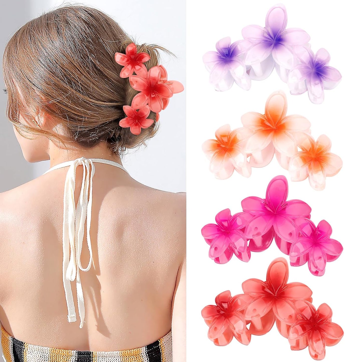 4PCS Hawaiian Plumeria Flower Hair Clips - Large Non-Slip Matte Claw Clips for Women, Strong Hold Beach Hair Accessories
