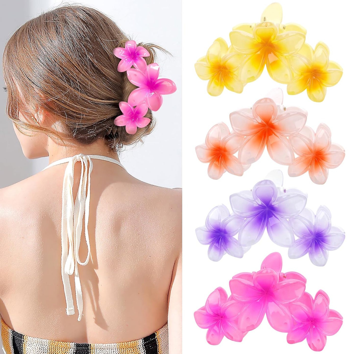 4PCS Hawaiian Plumeria Flower Hair Clips - Large Non-Slip Matte Claw Clips for Women, Strong Hold Beach Hair Accessories