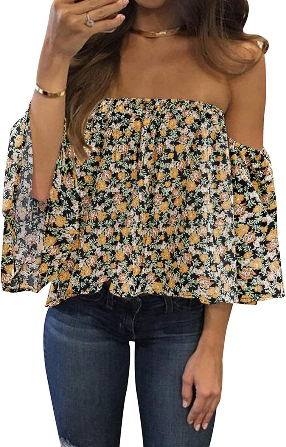 Women Summer off Shoulder Chiffon Blouse Ruffles Short Sleeves Tops Casual T Shirt