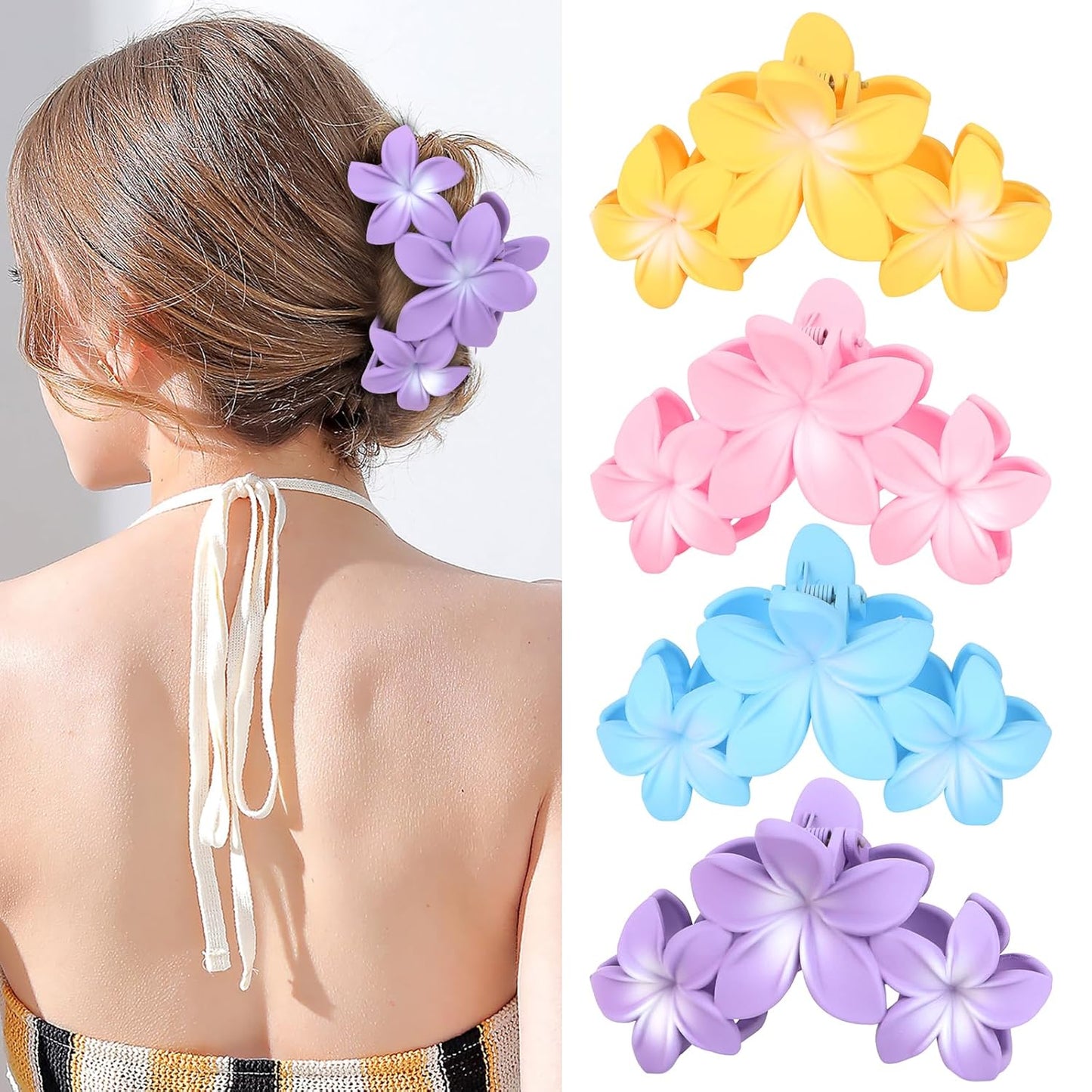4PCS Hawaiian Plumeria Flower Hair Clips - Large Non-Slip Matte Claw Clips for Women, Strong Hold Beach Hair Accessories