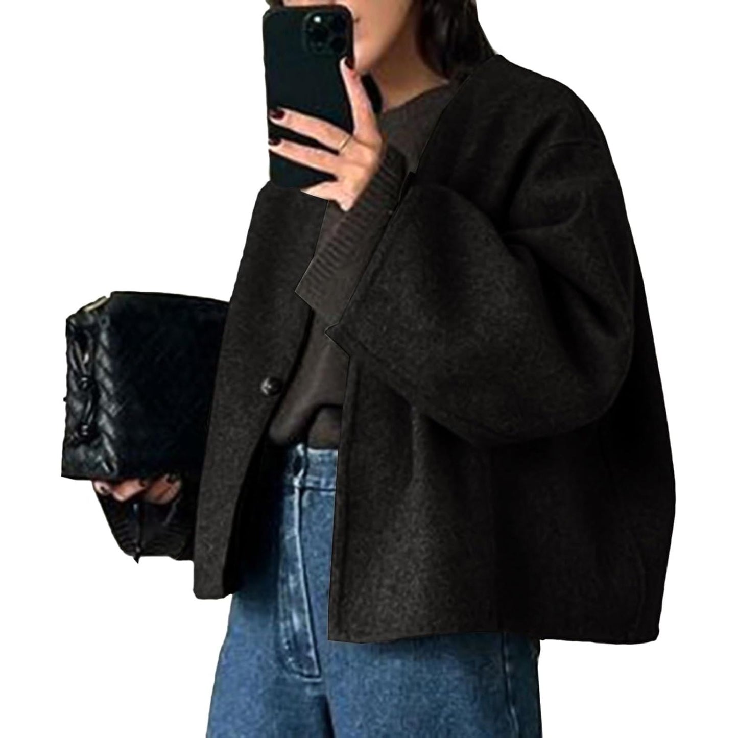 Women Cropped Wool Blend Coats Long Sleeve Coat Jacket Peacoat Fall Winter Outwear Overcoat