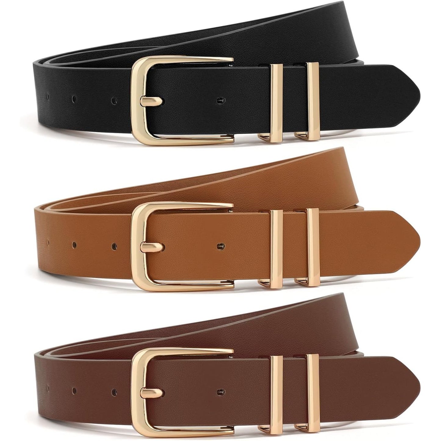 3 Pack Women Belts for Jeans Dresses Pants Ladies Leather Waist Belt with Gold Buckle