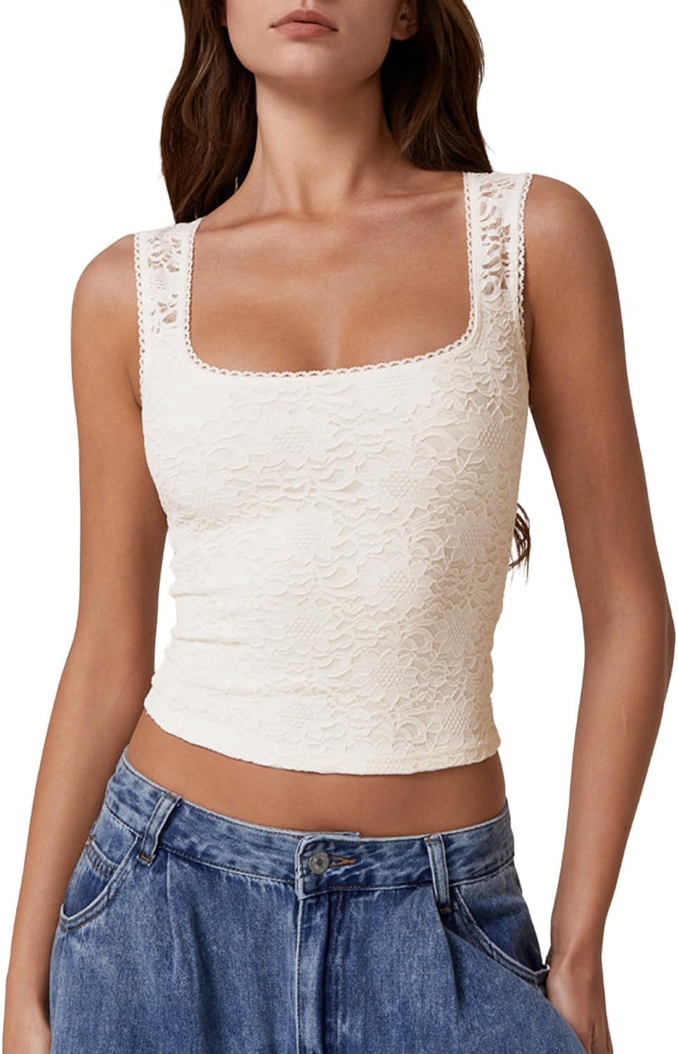 Womens Lace Trim Square Neck Sleeveless Tank Tops Double-Layer Slim Fit T Shirt Crop Tops
