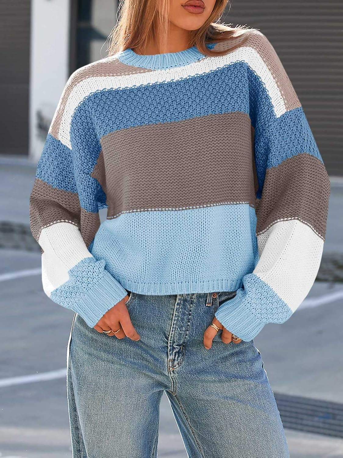 Womens Color Block Cropped Sweaters 2025 Winter Trendy Casual Oversized Y2K Going Out Striped Pullover Tops