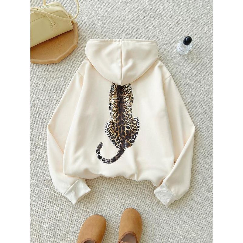 Women'S Cartoon Leopard Print Drop Shoulder Hoodie, Fashion Casual Drawstring Pocket Hooded Sweatshirt for Daily Holiday Outdoor Wear, Women Clothing for Fall & Winter
