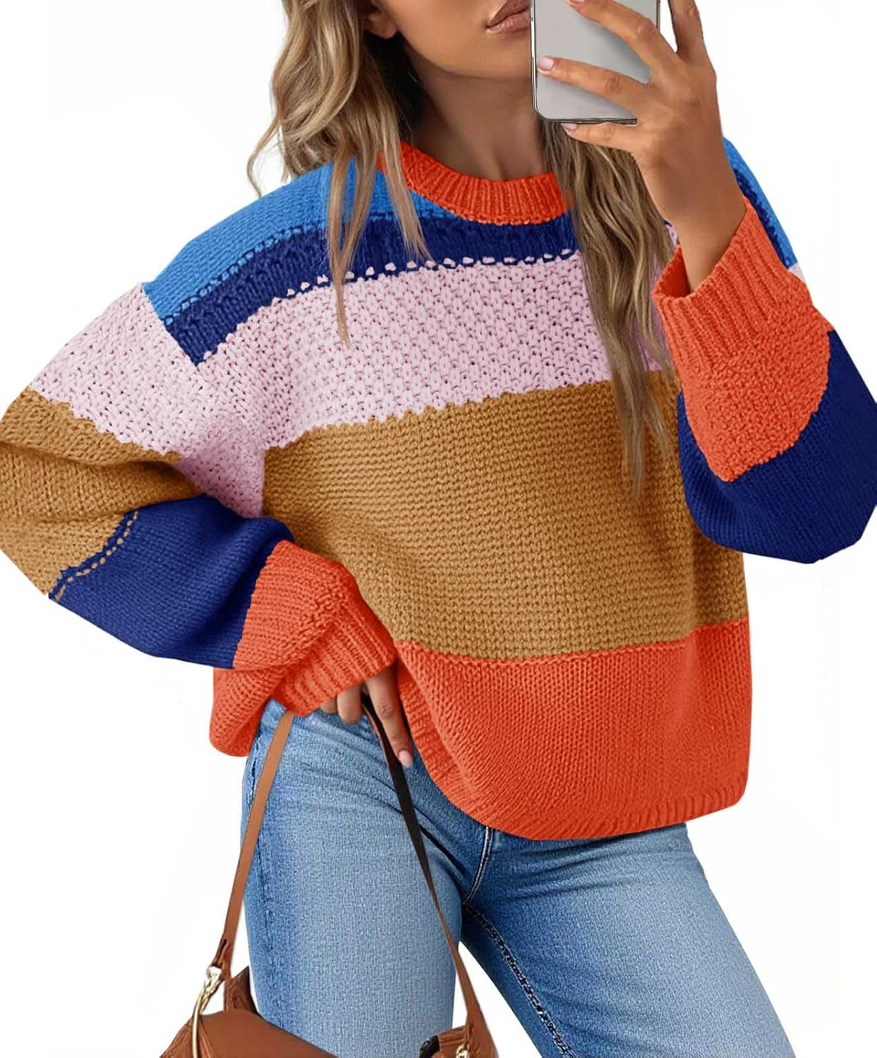 Womens Color Block Cropped Sweaters 2025 Winter Trendy Casual Oversized Y2K Going Out Striped Pullover Tops