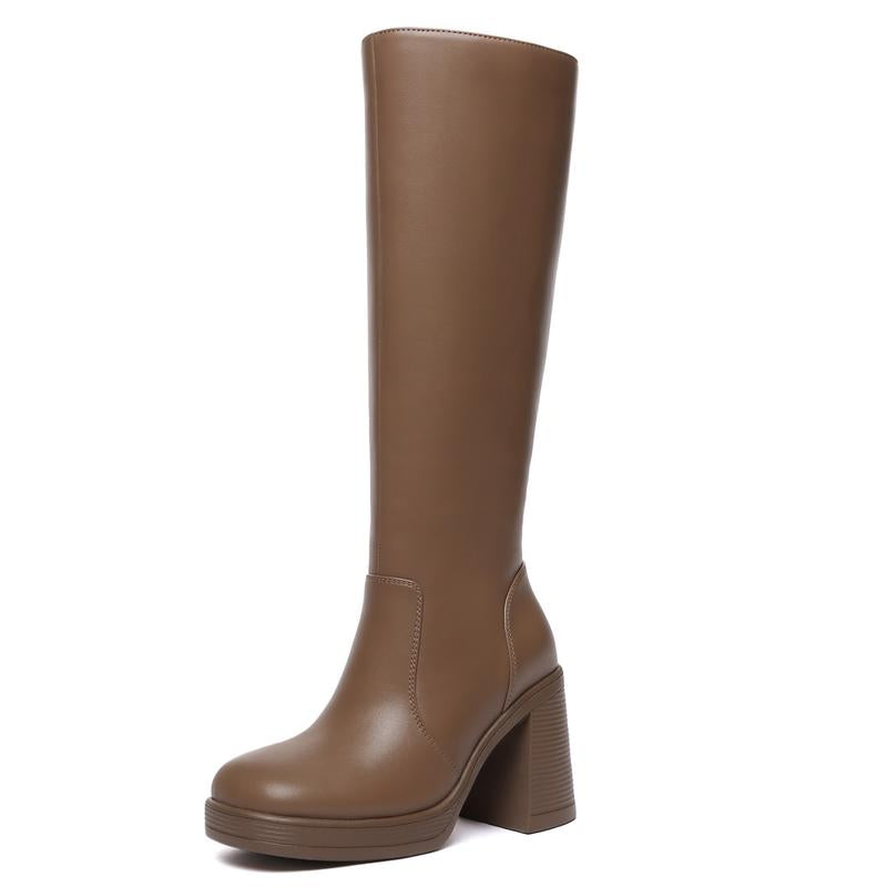 Athlefit Black Knee High Boots for Women Platform Tall Boots Fashion Square Toe Chunky Heeled Booties