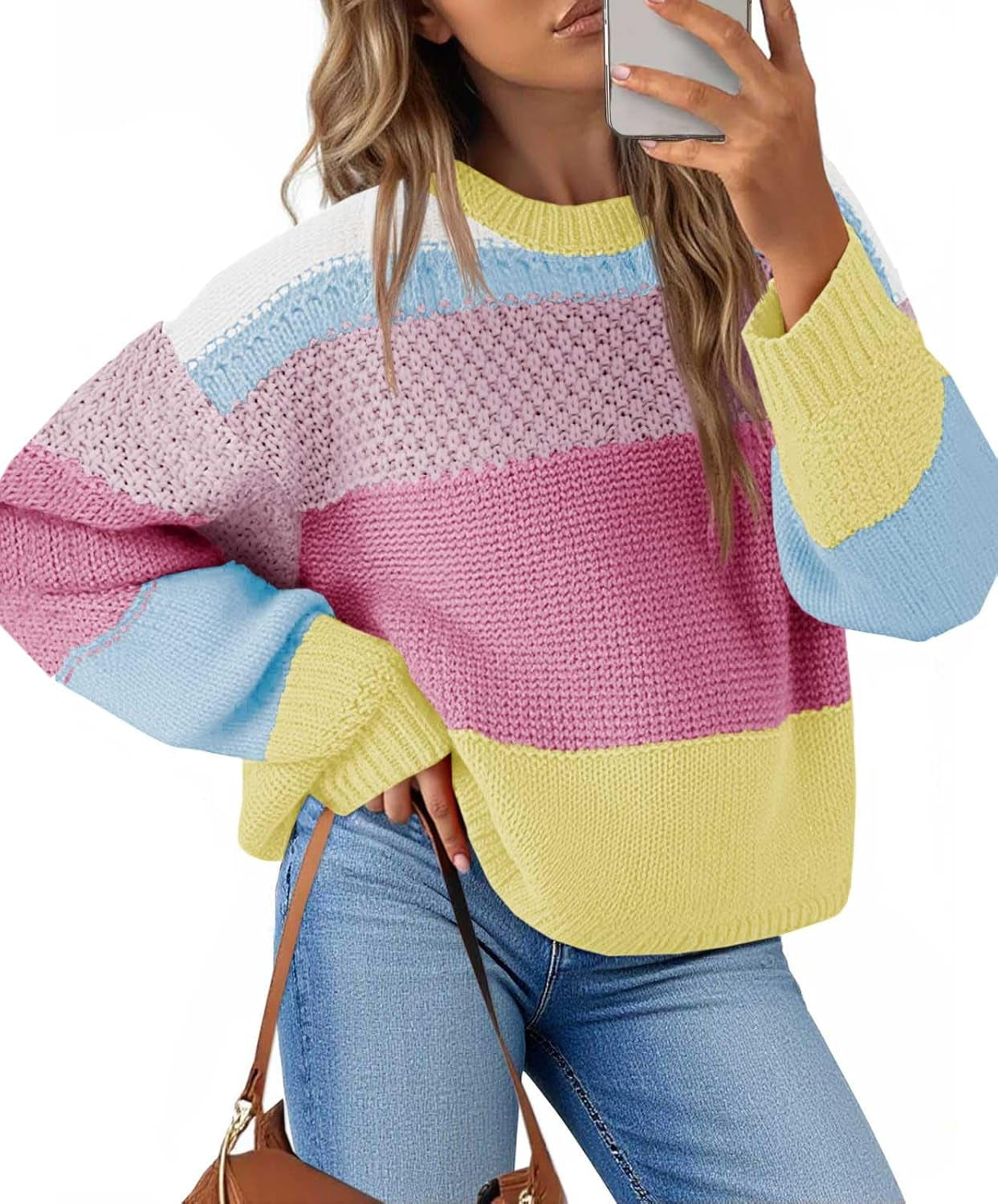 Womens Color Block Cropped Sweaters 2025 Winter Trendy Casual Oversized Y2K Going Out Striped Pullover Tops