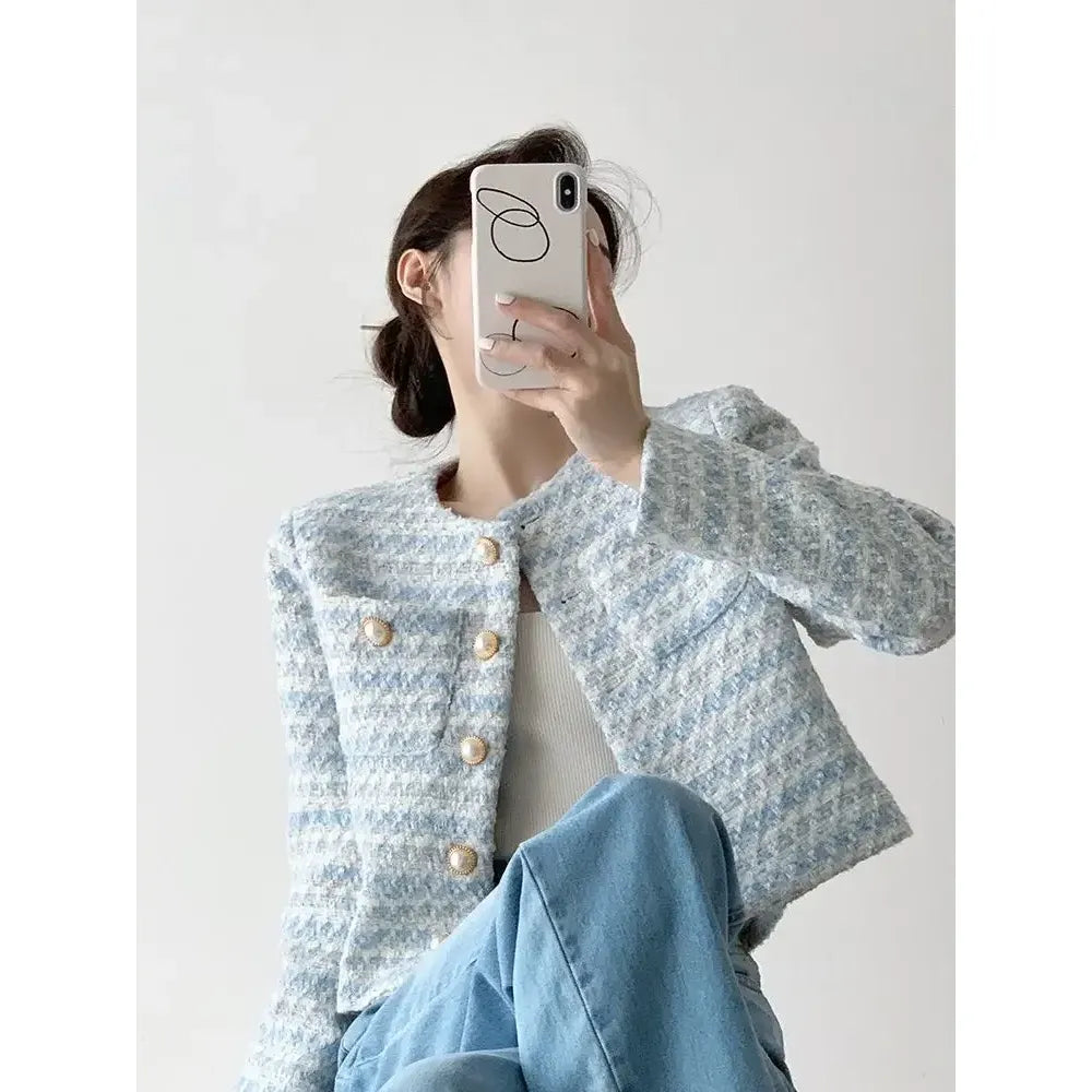 Autumn Winter Women Elegant Tweed Cardigan Short Coat with Pocket Single Breasted Jacket for Women Loose Outwear 2024