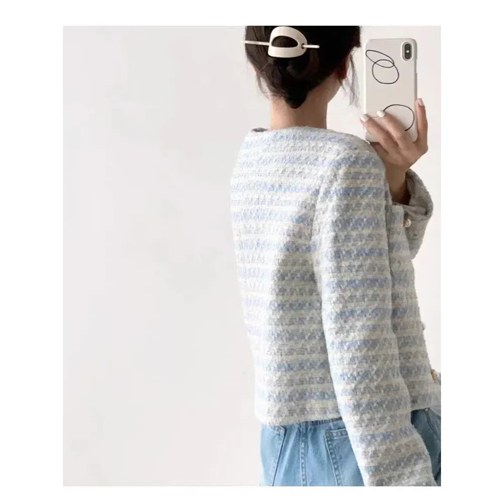 Autumn Winter Women Elegant Tweed Cardigan Short Coat with Pocket Single Breasted Jacket for Women Loose Outwear 2024