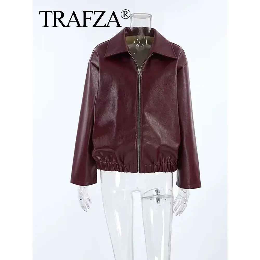 ZA 2024 Autumn Women American Style Vintage Solid Bordeaux Red Short Jacket Women'S Zipper Long Sleeve Chic Leather Jacket