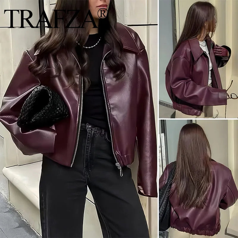 ZA 2024 Autumn Women American Style Vintage Solid Bordeaux Red Short Jacket Women'S Zipper Long Sleeve Chic Leather Jacket