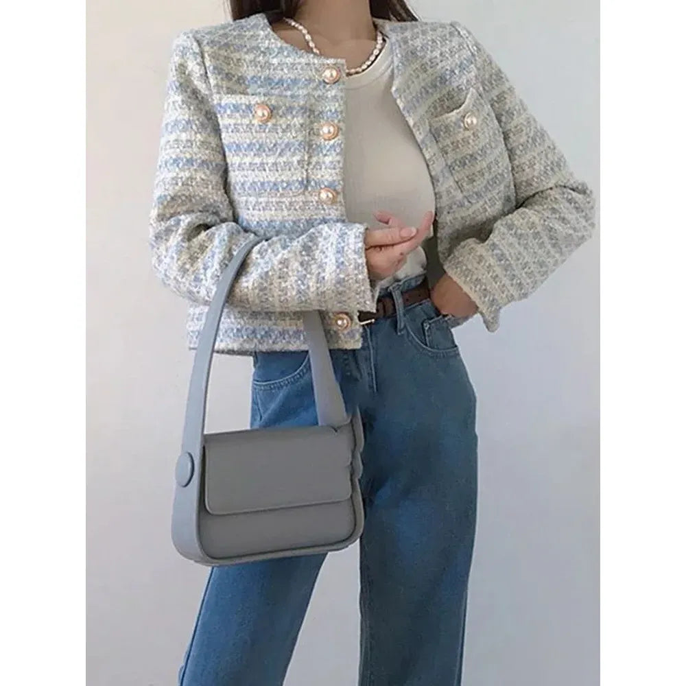 Autumn Winter Women Elegant Tweed Cardigan Short Coat with Pocket Single Breasted Jacket for Women Loose Outwear 2024