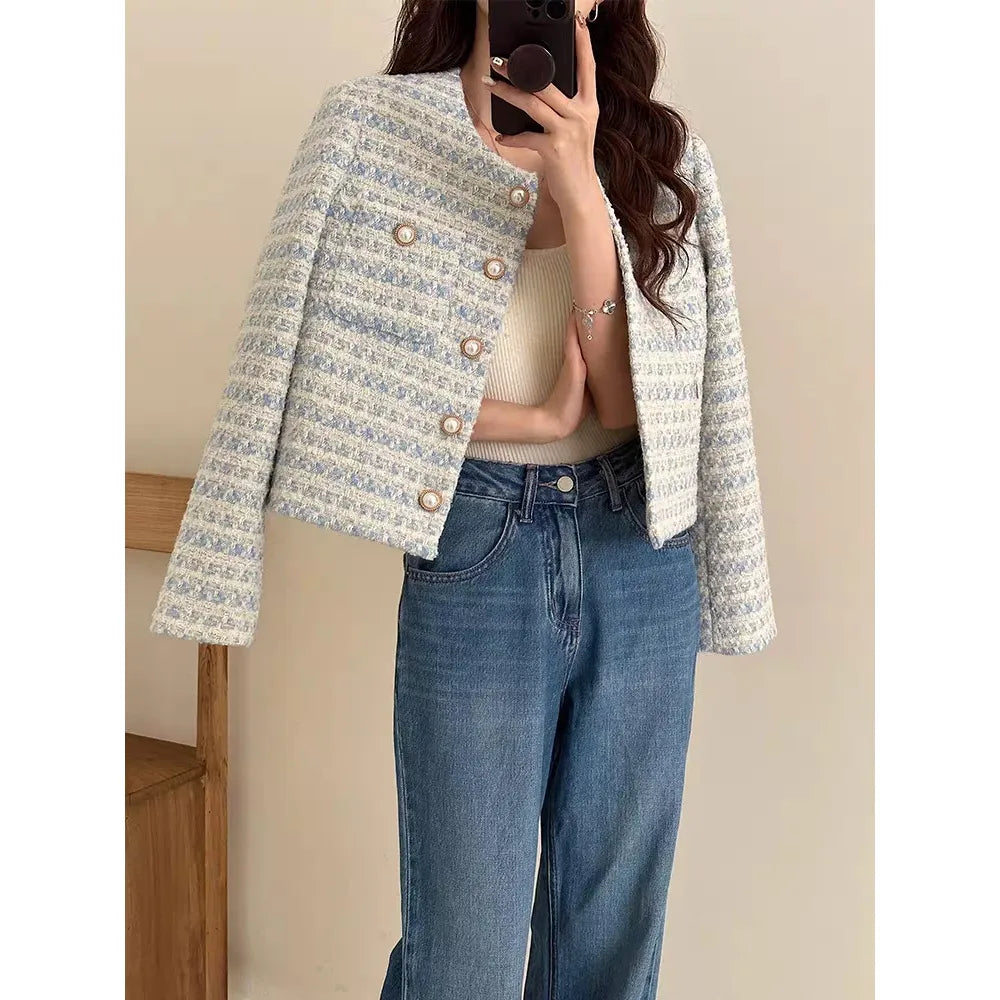 Autumn Winter Women Elegant Tweed Cardigan Short Coat with Pocket Single Breasted Jacket for Women Loose Outwear 2024