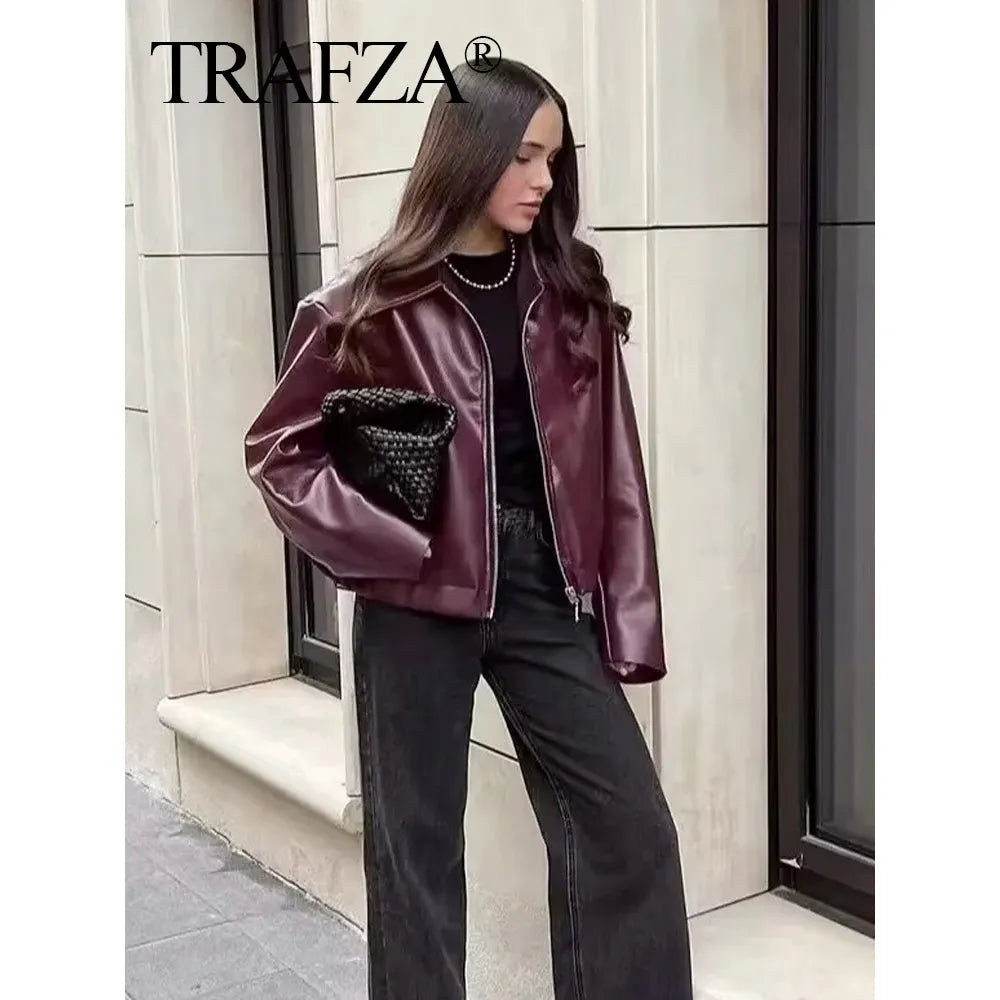 ZA 2024 Autumn Women American Style Vintage Solid Bordeaux Red Short Jacket Women'S Zipper Long Sleeve Chic Leather Jacket