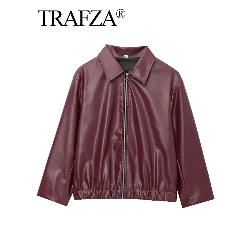 ZA 2024 Autumn Women American Style Vintage Solid Bordeaux Red Short Jacket Women'S Zipper Long Sleeve Chic Leather Jacket