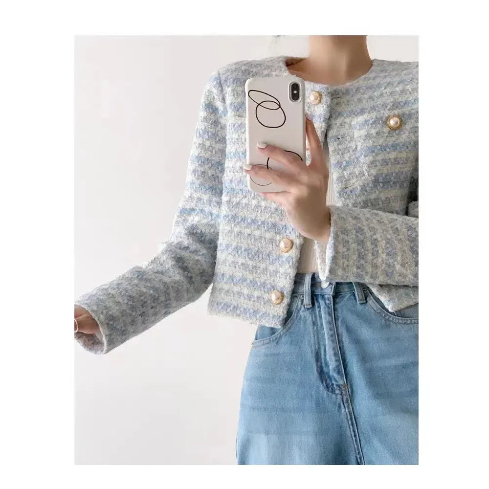 Autumn Winter Women Elegant Tweed Cardigan Short Coat with Pocket Single Breasted Jacket for Women Loose Outwear 2024