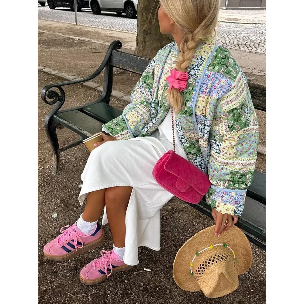 Women'S Cotton Jacket Autumn and Winter New Floral Patterns Cardigan Cotton Jacket Elegant Ladies Street Shoot Women'S