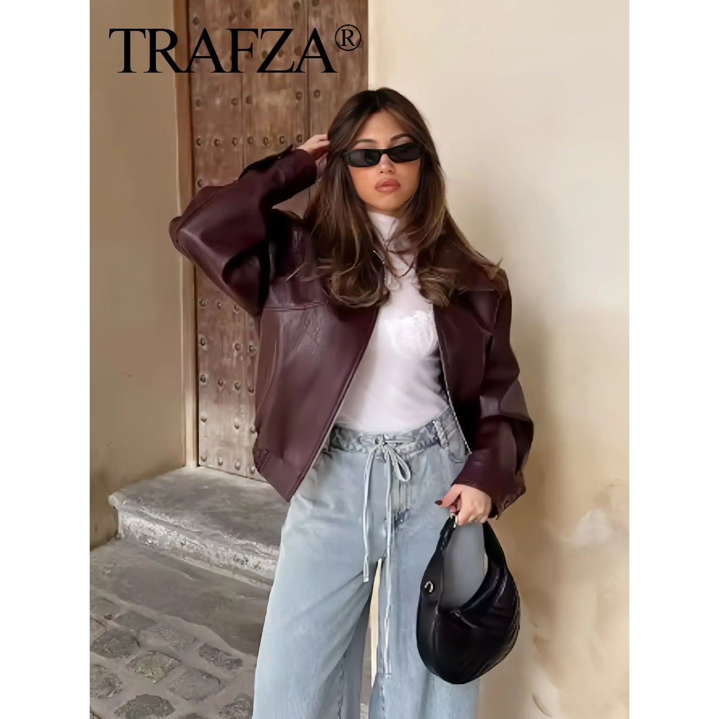 ZA 2024 Autumn Women American Style Vintage Solid Bordeaux Red Short Jacket Women'S Zipper Long Sleeve Chic Leather Jacket