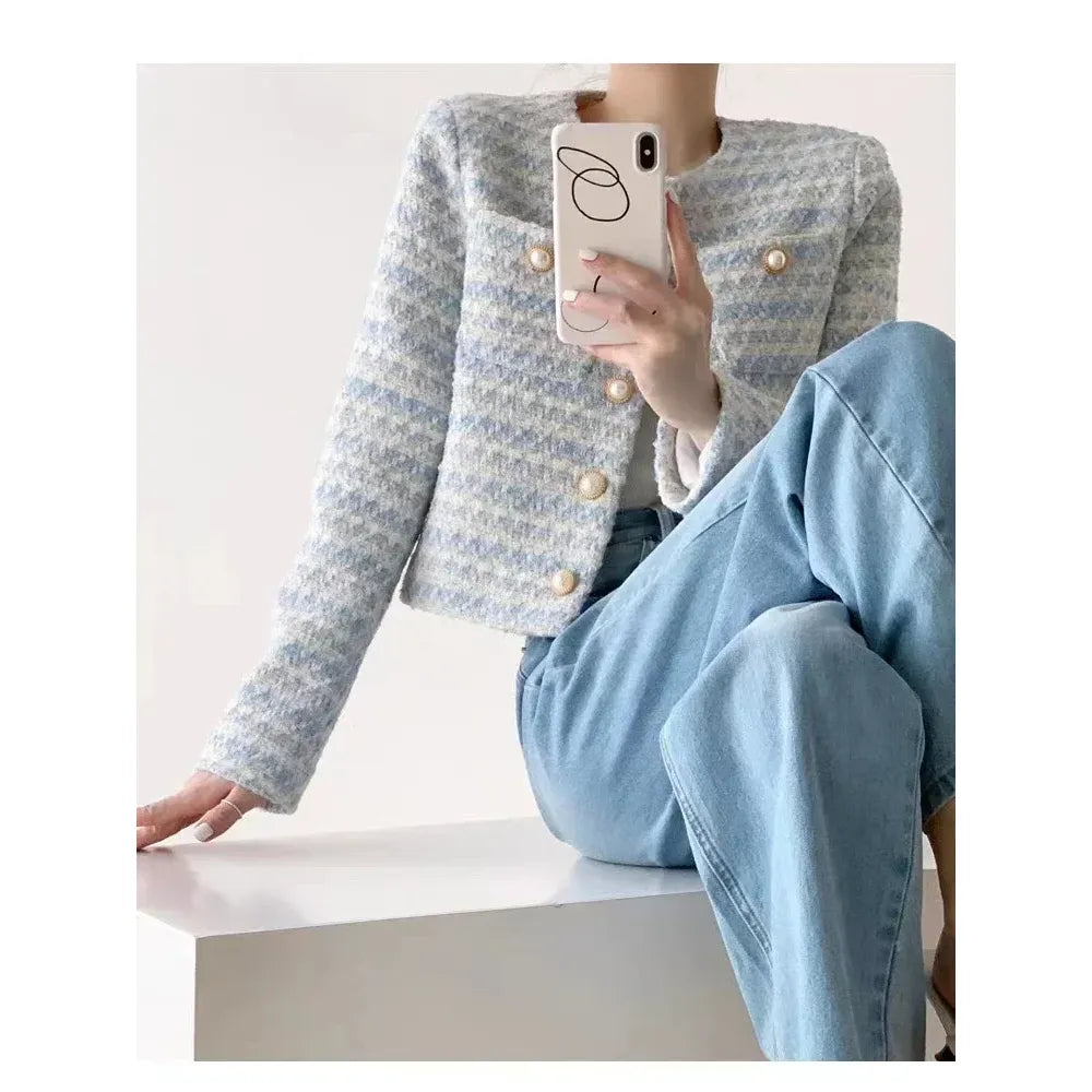 Autumn Winter Women Elegant Tweed Cardigan Short Coat with Pocket Single Breasted Jacket for Women Loose Outwear 2024