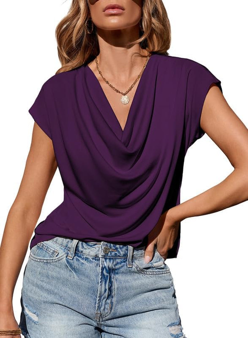 Shirts for Women Fashion 2025 Cowl Neck Tops for Women Dressy Casual Short Sleeve Clothes Summer Outfits
