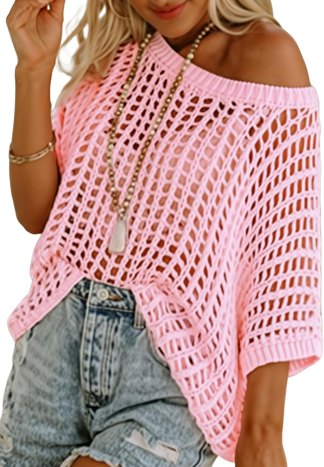 Womens Summer Scoop Neck Short Sleeve Sweater Casual Crochet Hollow Out Knit Tops Pullover Shirts Beach Coverup