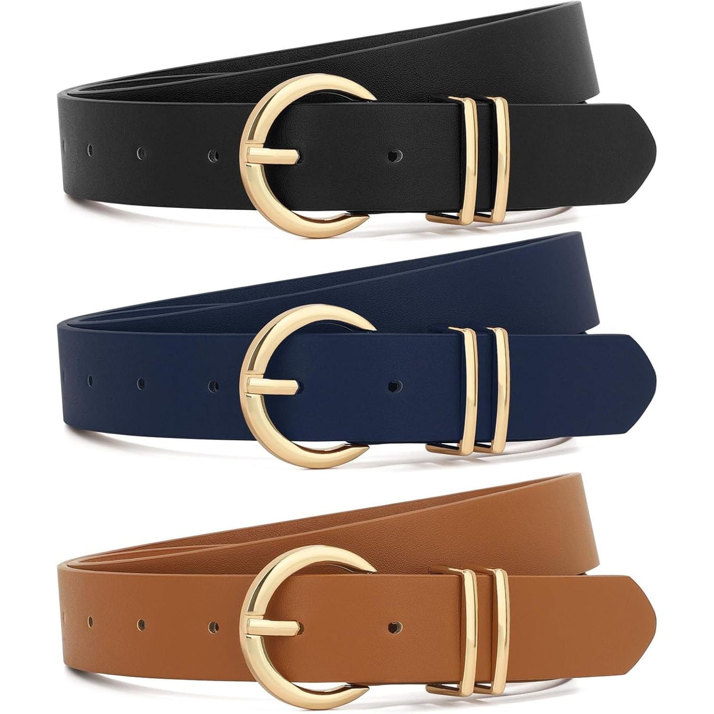 3 Pack Women Belts for Jeans Dresses Pants Ladies Leather Waist Belt with Gold Buckle