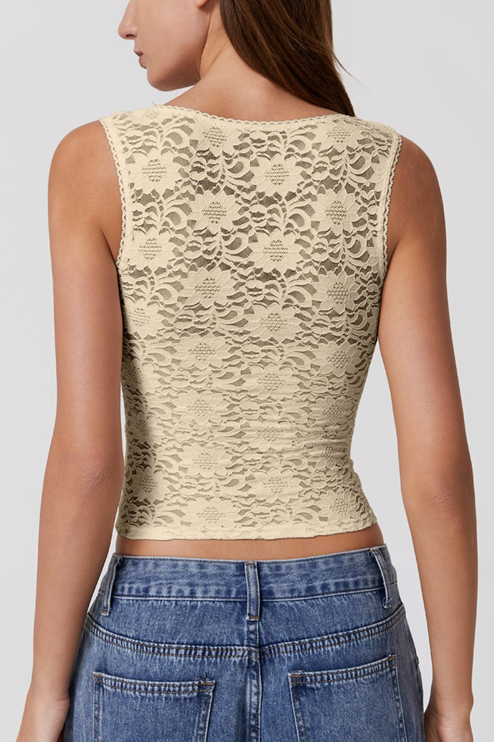 Womens Lace Trim Square Neck Sleeveless Tank Tops Double-Layer Slim Fit T Shirt Crop Tops