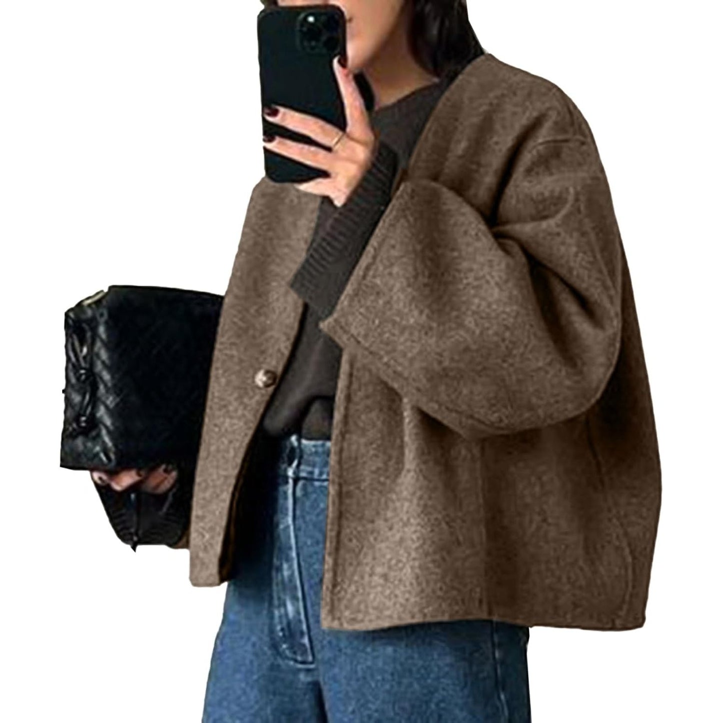 Women Cropped Wool Blend Coats Long Sleeve Coat Jacket Peacoat Fall Winter Outwear Overcoat