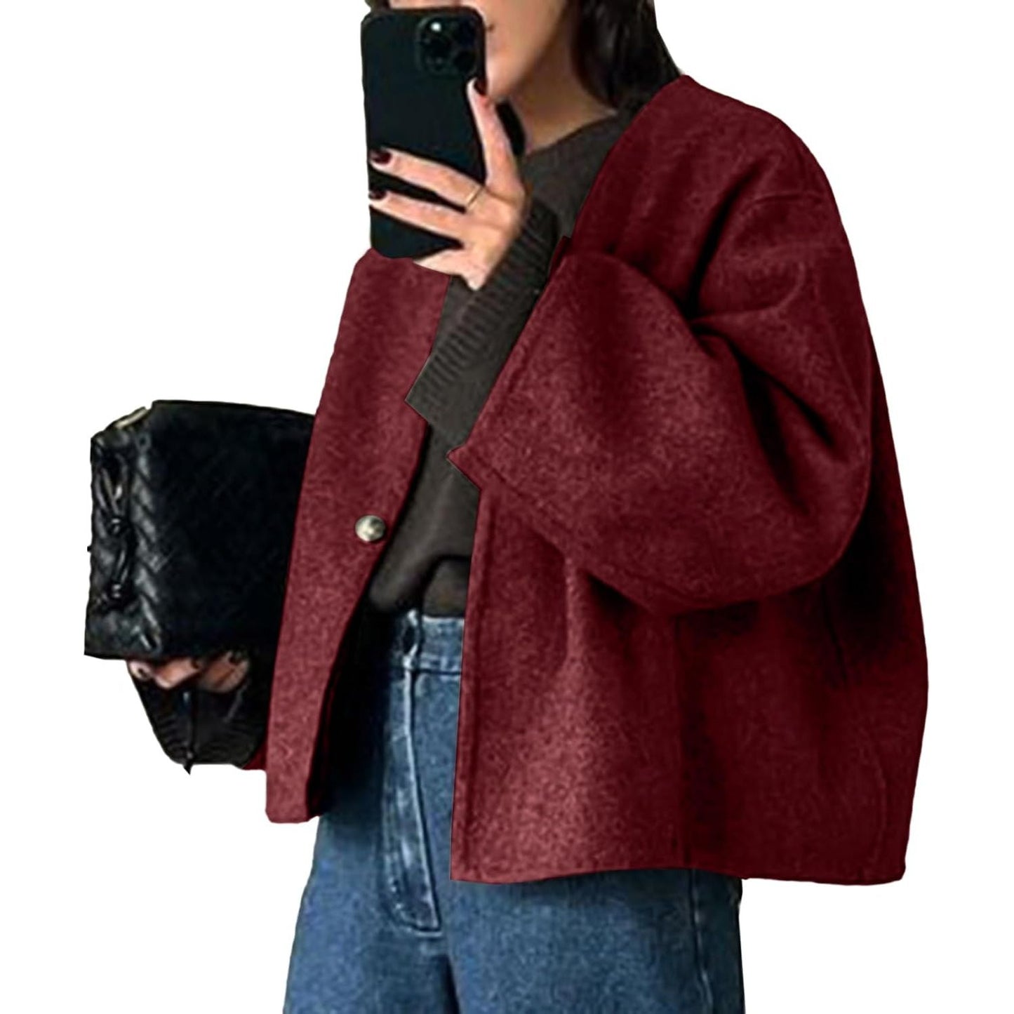 Women Cropped Wool Blend Coats Long Sleeve Coat Jacket Peacoat Fall Winter Outwear Overcoat