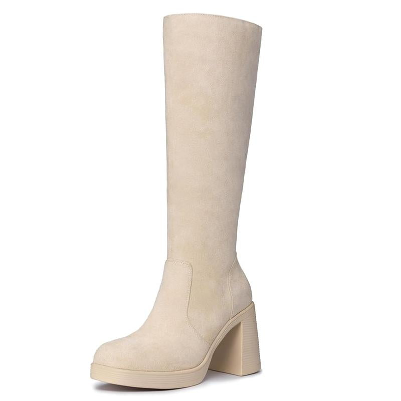 Athlefit Black Knee High Boots for Women Platform Tall Boots Fashion Square Toe Chunky Heeled Booties