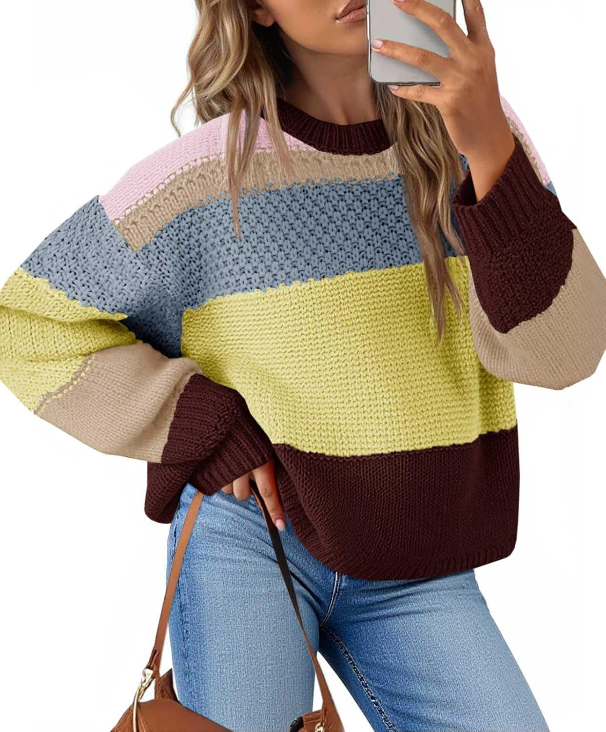 Womens Color Block Cropped Sweaters 2025 Winter Trendy Casual Oversized Y2K Going Out Striped Pullover Tops
