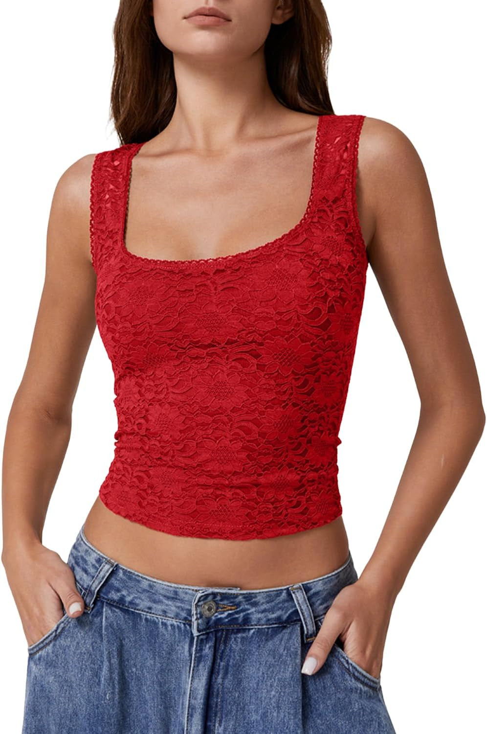 Womens Lace Trim Square Neck Sleeveless Tank Tops Double-Layer Slim Fit T Shirt Crop Tops